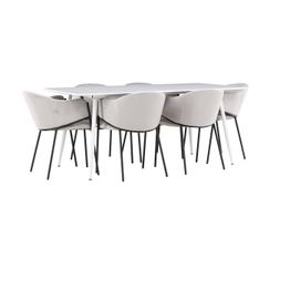 Ruokailuryhmä Venture Home, 180x90cm valkoinen Silar-pöytä + 6 harmaata Evelina-tuolia, sametti