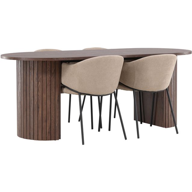 Soikea ruokailuryhmä Venture Home, 200x90cm mokanruskea Härön-pöytä + 4 beigeä Evelina-tuolia