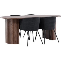 Soikea ruokailuryhmä Venture Home, 200x90cm mokanruskea Härön-pöytä + 4 mustaa Berit-tuolia, vakosametti