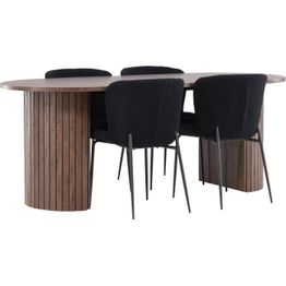 Soikea ruokailuryhmä Venture Home, 200x90cm mokanruskea Härön-pöytä + 4 mustaa Modesto-tuolia, teddy