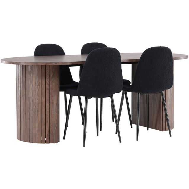 Soikea ruokailuryhmä Venture Home, 200x90cm mokanruskea Härön-pöytä + 4 mustaa Polar-tuolia, teddy