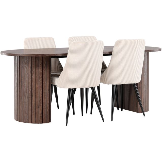 Soikea ruokailuryhmä Venture Home, 200x90cm mokanruskea Härön-pöytä + 4 beigeä Leone-tuolia, vakosametti