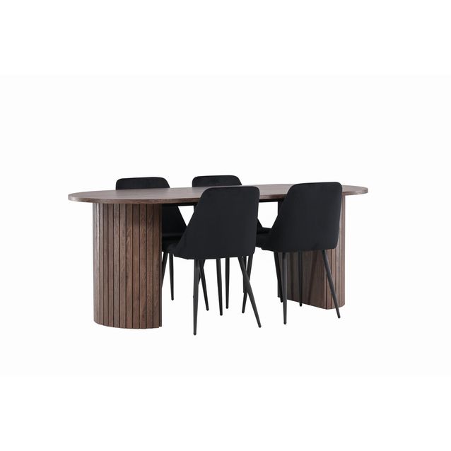 Soikea ruokailuryhmä Venture Home, 200x90cm mokanruskea Härön-pöytä + 4 mustaa Night-tuolia, sametti