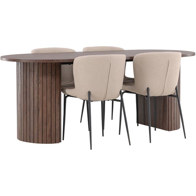 Soikea ruokailuryhmä Venture Home, 200x90cm mokanruskea Härön-pöytä + 4 beigeä Modesto-tuolia, bouclé