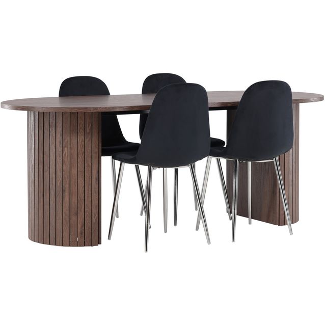 Soikea ruokailuryhmä Venture Home, 200x90cm mokanruskea Härön-pöytä + 4 musta/kromi Polar-tuolia, sametti