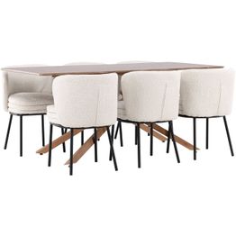 Ruokailuryhmä Venture Home, 180x90cm ruskea Piazza-pöytä + 6 valkoista Agnes-tuolia