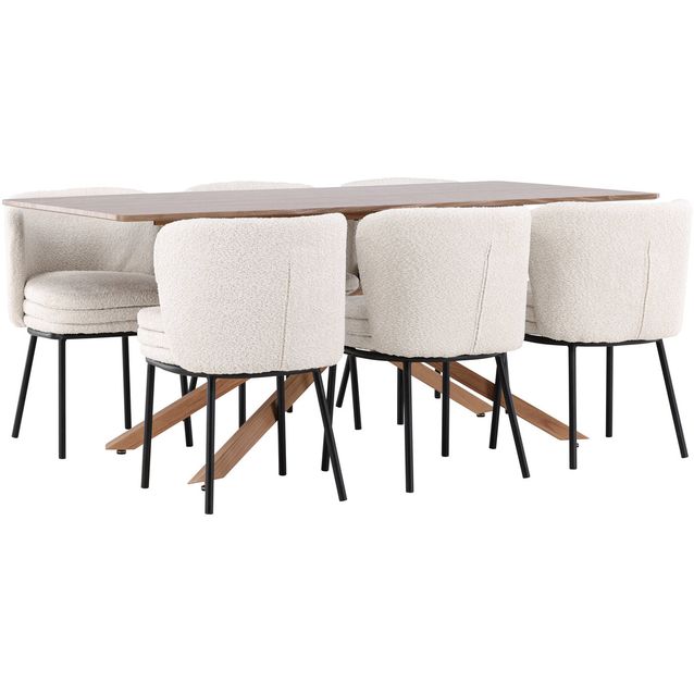 Ruokailuryhmä Venture Home, 180x90cm ruskea Piazza-pöytä + 6 valkoista Agnes-tuolia