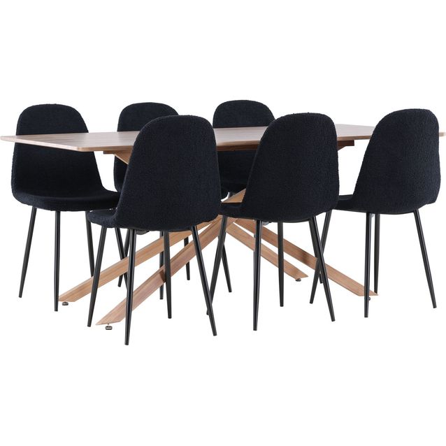 Ruokailuryhmä Venture Home, 180x90cm ruskea Piazza-pöytä + 6 mustaa Polar-tuolia