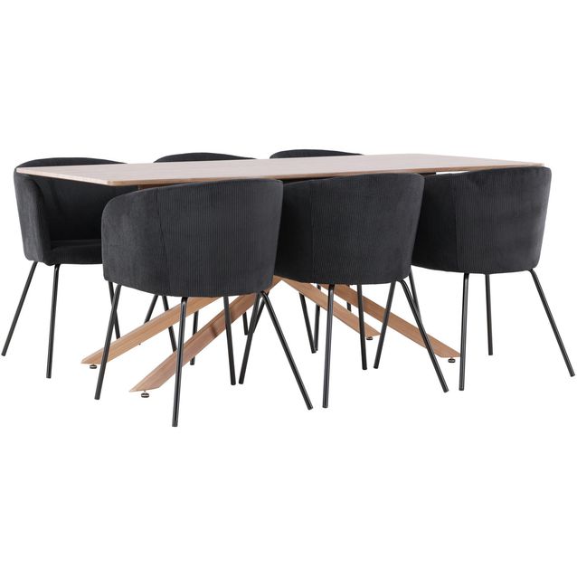 Ruokailuryhmä Venture Home, 180x90cm ruskea Piazza-pöytä + 6 mustaa Berit-tuolia