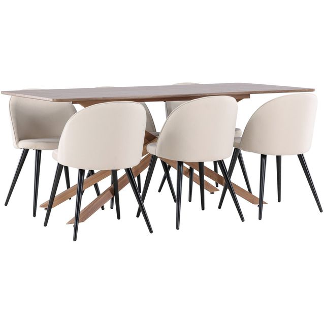 Ruokailuryhmä Venture Home, 180x90cm ruskea Piazza-pöytä + 6 beigeä Velvet-tuolia, sametti