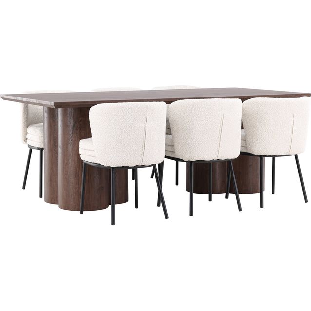 Ruokailuryhmä Venture Home, 210x100cm Olivia-pöytä + 6 valkoista Agnes-tuolia, bouclé