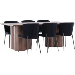Ruokailuryhmä Venture Home, 210x100cm Olivia-pöytä + 6 mustaa Modesto-tuolia, teddy
