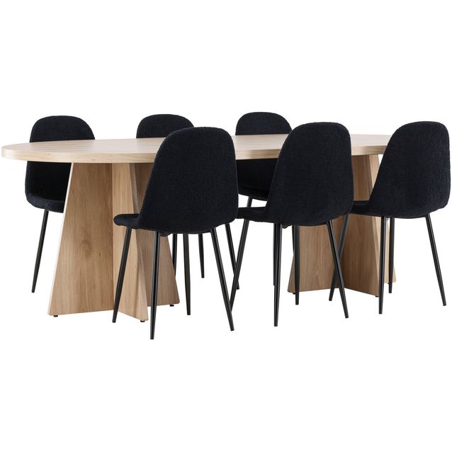 Soikea ruokailuryhmä Venture Home, 230x115cm ruskea Bootcut-pöytä + 6 mustaa Polar-tuolia, teddy