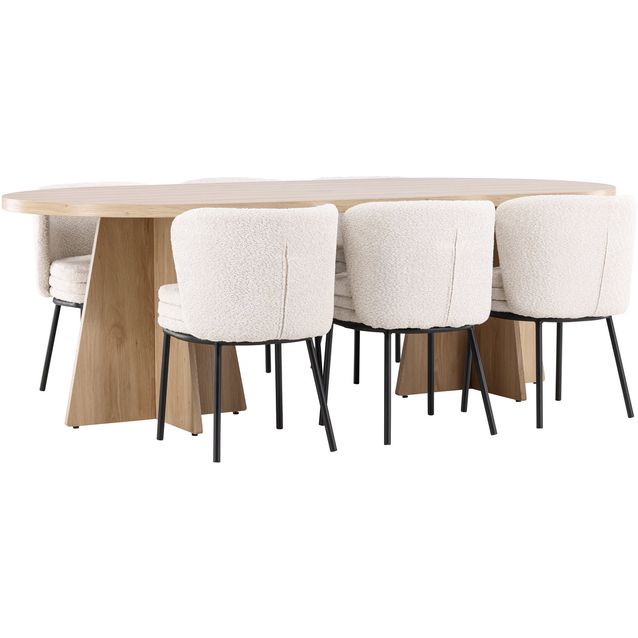 Soikea ruokailuryhmä Venture Home, 230x115cm ruskea Bootcut-pöytä + 6 valkoista Agnes-tuolia, bouclé