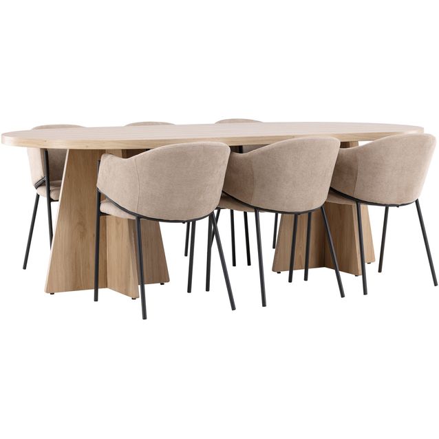 Soikea ruokailuryhmä Venture Home, 230x115cm ruskea Bootcut-pöytä + 6 beigeä Evelina-tuolia