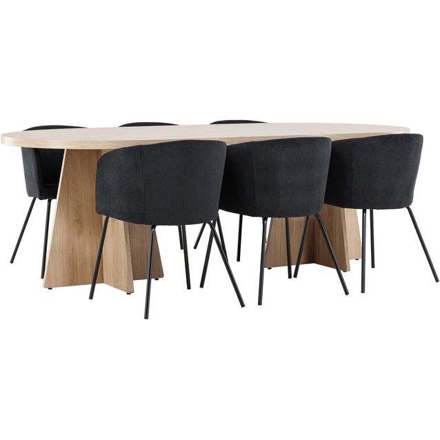 Soikea ruokailuryhmä Venture Home, 230x115cm ruskea Bootcut-pöytä + 6 mustaa Berit-tuolia, vakosametti