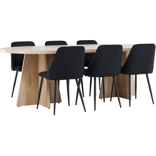 Soikea ruokailuryhmä Venture Home, 230x115cm ruskea Bootcut-pöytä + 6 mustaa Night-tuolia, sametti