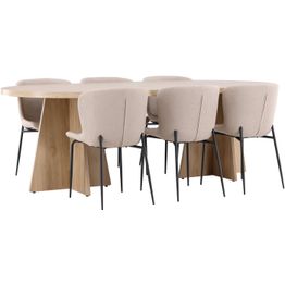 Soikea ruokailuryhmä Venture Home, 230x115cm ruskea Bootcut-pöytä + 6 beigeä Modesto-tuolia, bouclé