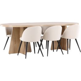 Soikea ruokailuryhmä Venture Home, 230x115cm ruskea Bootcut-pöytä + 6 beigeä Velvet-tuolia, sametti