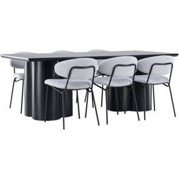 Ruokailuryhmä Venture Home, 210x100cm musta Olivia-pöytä + 6 sinistä Chico-tuolia, bouclé
