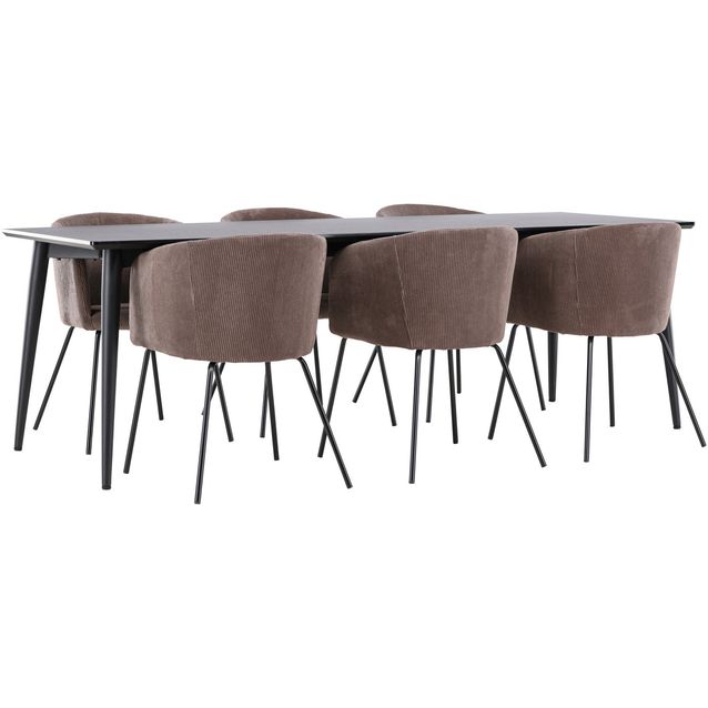 Ruokailuryhmä Venture Home, 230x85cm musta Ellis-pöytä + 6 Berit-tuolia, vakosametti