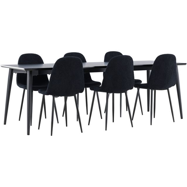 Ruokailuryhmä Venture Home, 230x85cm musta Ellis-pöytä + 6 mustaa Polar-tuolia, teddy