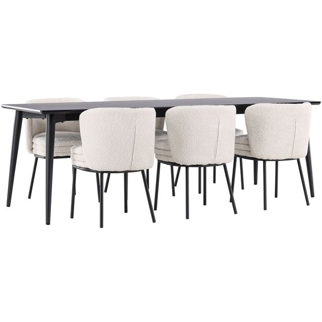 Ruokailuryhmä Venture Home, 230x85cm musta Ellis-pöytä + 6 valkoista Agnes-tuolia, bouclé