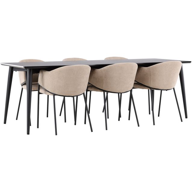 Ruokailuryhmä Venture Home, 230x85cm musta Ellis-pöytä + 6 beigeä Evelina-tuolia