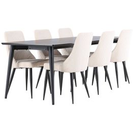Ruokailuryhmä Venture Home, 230x85cm musta Ellis-pöytä + 6 beigeä Leone-tuolia, vakosametti