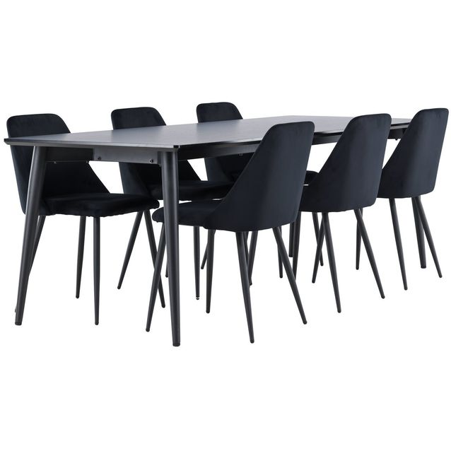 Ruokailuryhmä Venture Home, 230x85cm musta Ellis-pöytä + 6 mustaa Night-tuolia, sametti