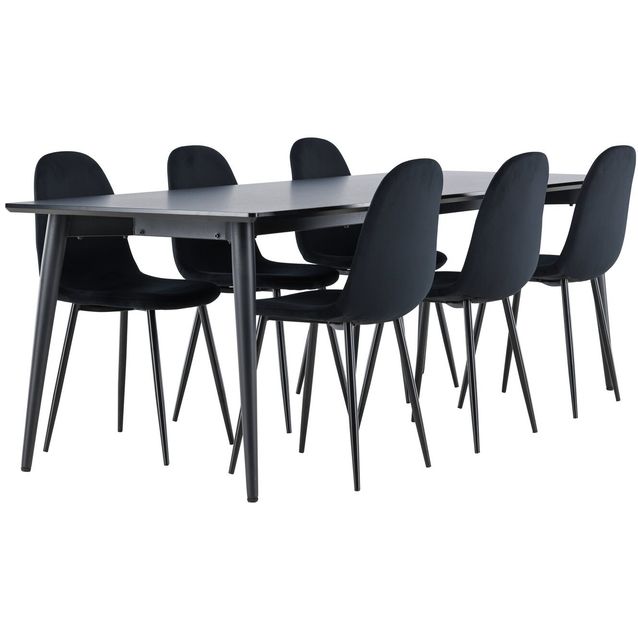 Ruokailuryhmä Venture Home, 230x85cm musta Ellis-pöytä + 6 Polar-tuolia, sametti