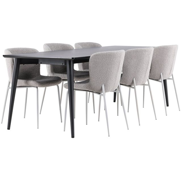 Ruokailuryhmä Venture Home, 230x85cm musta Ellis-pöytä + 6 Modesto-tuolia, bouclé