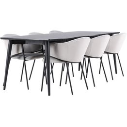 Ruokailuryhmä Venture Home, 230x85cm musta Ellis-pöytä + 6 harmaata Evelina-tuolia, sametti