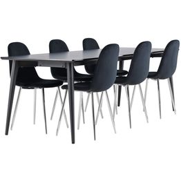 Ruokailuryhmä Venture Home, 230x85cm musta Ellis-pöytä + 6 musta/kromi Polar-tuolia, sametti