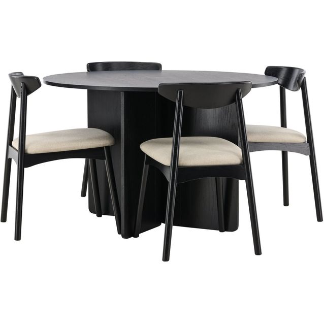 Pyöreä ruokailuryhmä Venture Home, Ø120cm Tyresö-pöytä + 4 mustaa Ven-tuolia