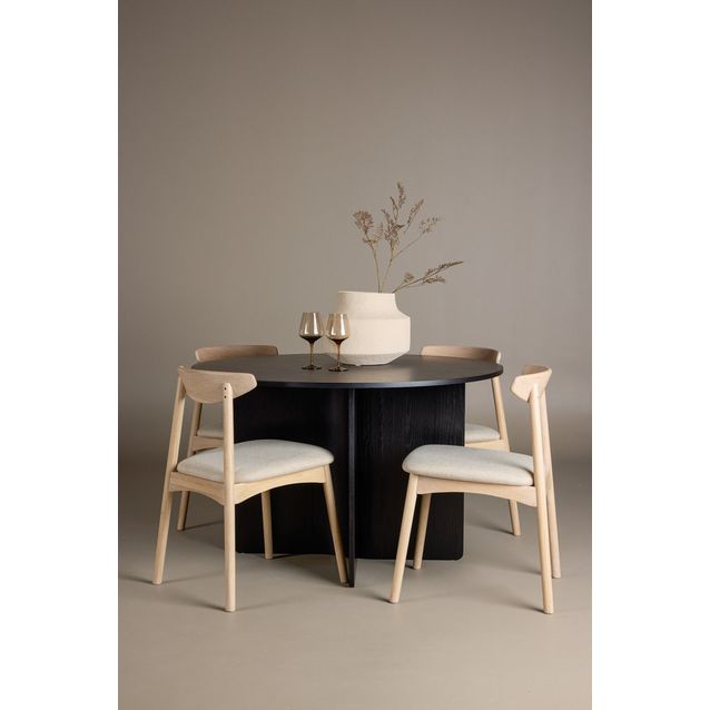 Ruokailuryhmä Venture Home, Ø120 cm musta Tyresö-pöytä ja vaalea puu Ven-tuolit