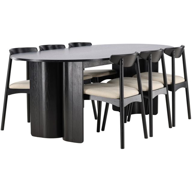 Ruokailuryhmä Venture Home, 220x100cm Tyresö-pöytä + 6 mustaa Ven-tuolia