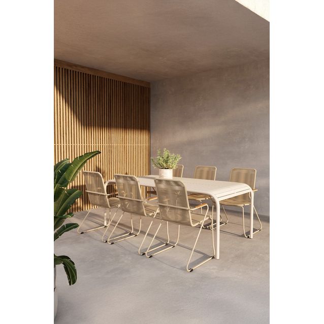 Ruokailuryhmä Venture Home, 200x100cm beige Borneo-pöytä + 6 beigeä Bois-tuolia