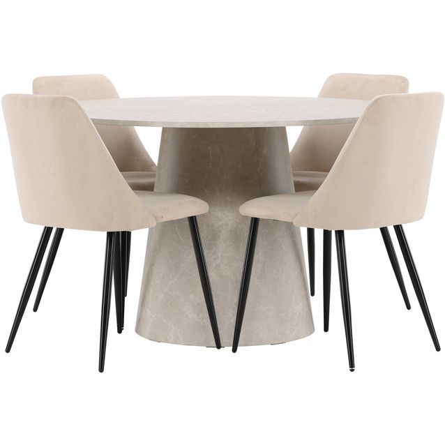 Pyöreä ruokailuryhmä Venture Home, Ø120cm beige Lanzo-pöytä + 4 beigeä Night-tuolia, sametti
