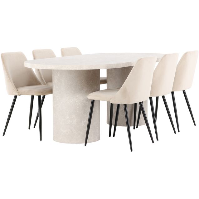 Soikea ruokailuryhmä Venture Home, 200x100cm beige Narvik-pöytä + 6 beigeä Night-tuolia