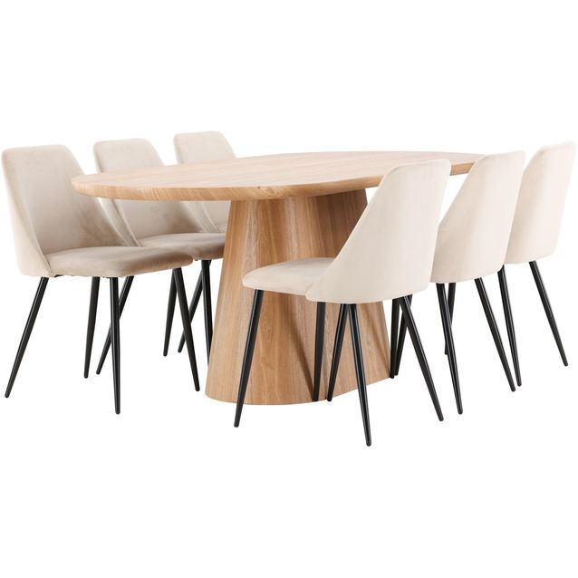 Soikea ruokailuryhmä Venture Home, 200x90cm ruskea Stjärnö-pöytä + 6 beigeä Night-tuolia, sametti