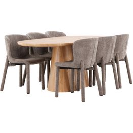 Soikea ruokailuryhmä Venture Home, 200x90cm ruskea Stjärnö-pöytä + 6 Astoria-tuolia, bouclé