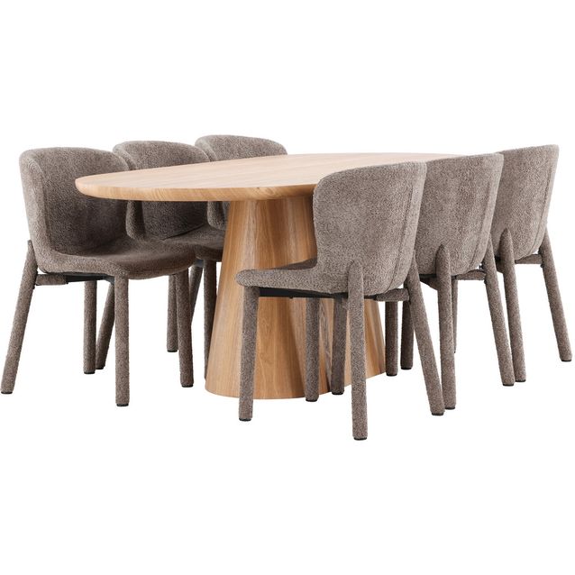 Soikea ruokailuryhmä Venture Home, 200x90cm ruskea Stjärnö-pöytä + 6 Astoria-tuolia, bouclé