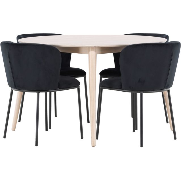 Pyöreä ruokailuryhmä Venture Home, Ø120cm vaalea Flora-pöytä + 4 Edina-tuolia