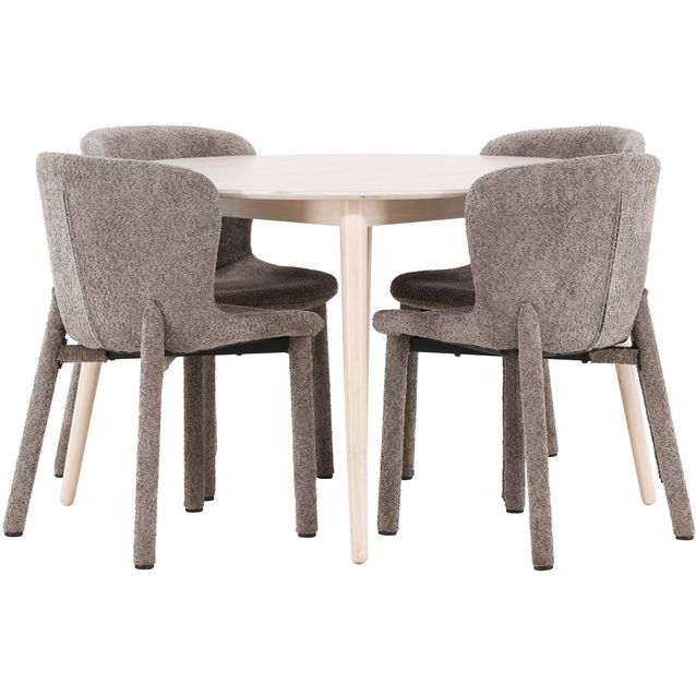 Pyöreä ruokailuryhmä Venture Home, Ø120cm vaalea Flora-pöytä + 4 Astoria-tuolia, bouclé