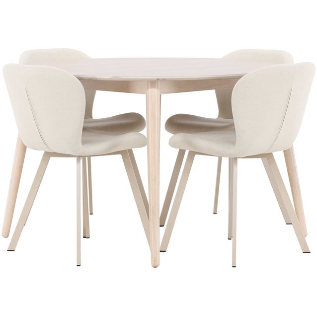 Pyöreä ruokailuryhmä Venture Home, Ø120cm vaalea Flora-pöytä + 4 beigeä Lilja-tuolia