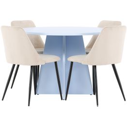 Pyöreä ruokailuryhmä Venture Home, Ø110cm sininen Bootcut-pöytä + 4 beigeä Night-tuolia, sametti