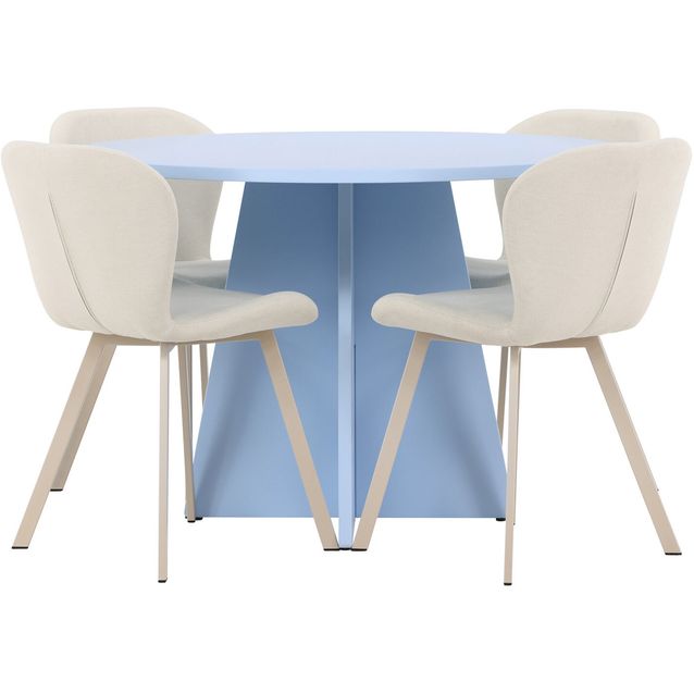 Pyöreä ruokailuryhmä Venture Home, Ø110cm sininen Bootcut-pöytä + 4 beigeä Lilja-tuolia