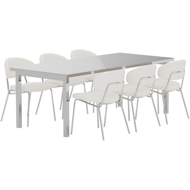 Ruokailuryhmä Venture Home, Cilo-pöytä 210x95x75cm hopea + 6 Chico-tuolia, kromi/valkoinen