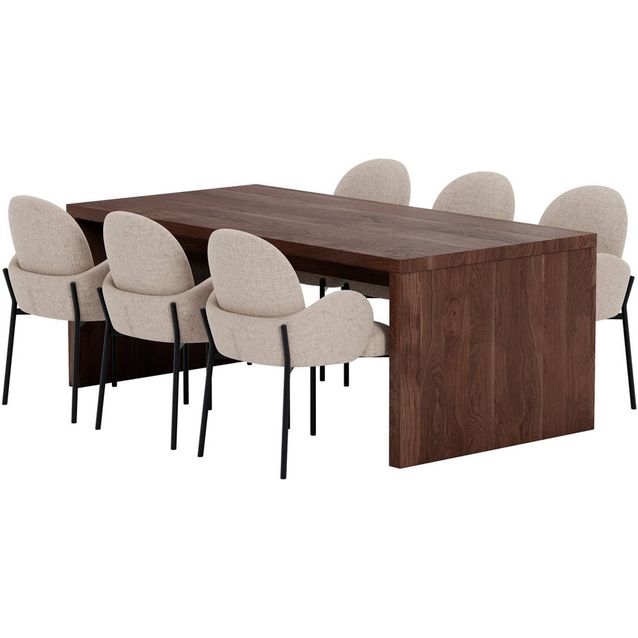 Ruokailuryhmä Venture Home, Evone-pöytä 100x200cm mocca + 6 Blom-tuolia musta/beige
